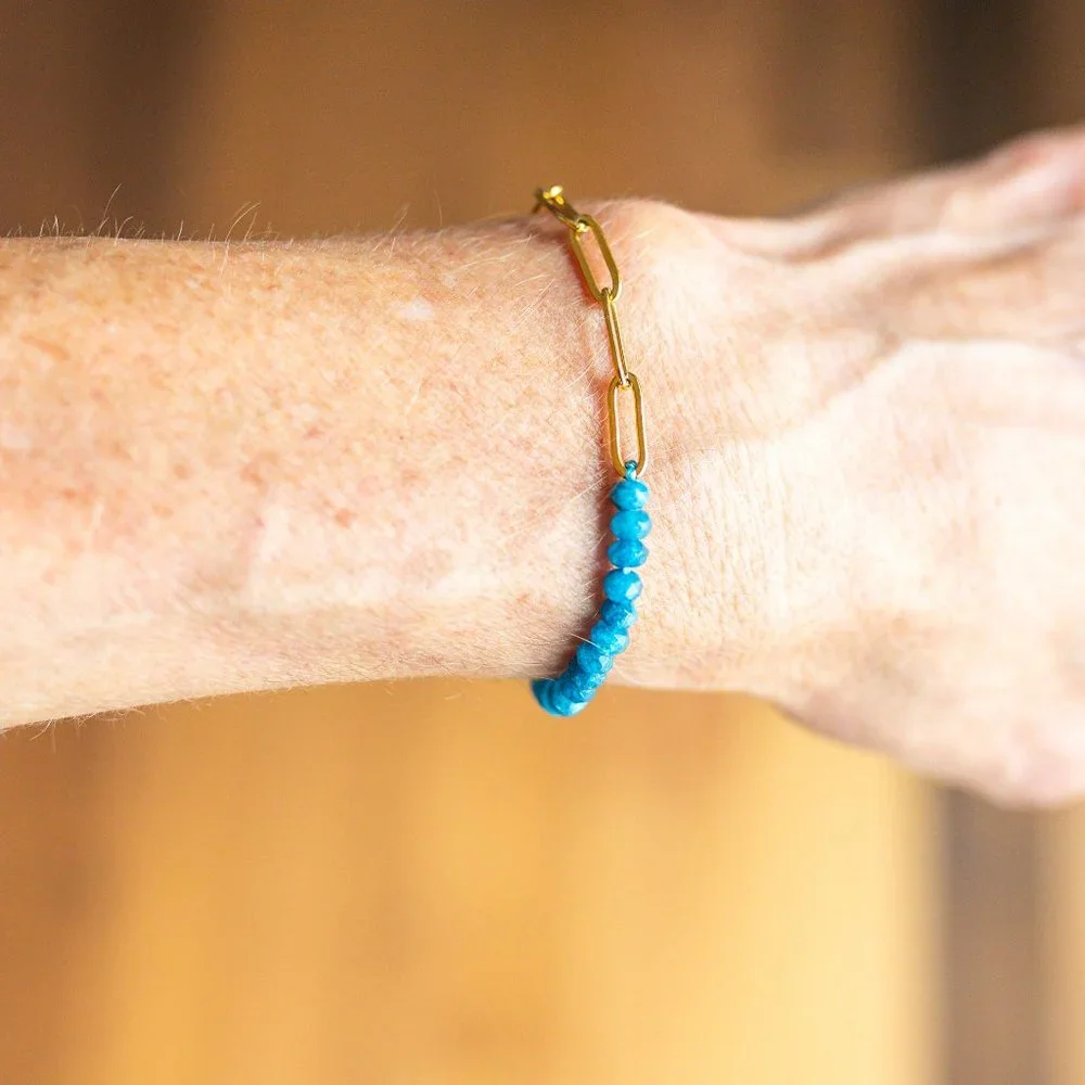 Half Blue Apatite Beaded Gemstone Bracelet Half Gold Paperclip Chain WATERPROOF - Picture 6 of 8